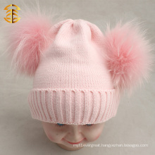 Wholesale Cute Baby Pink Knitted Kids Wool Hats Double Pom Pom Hat